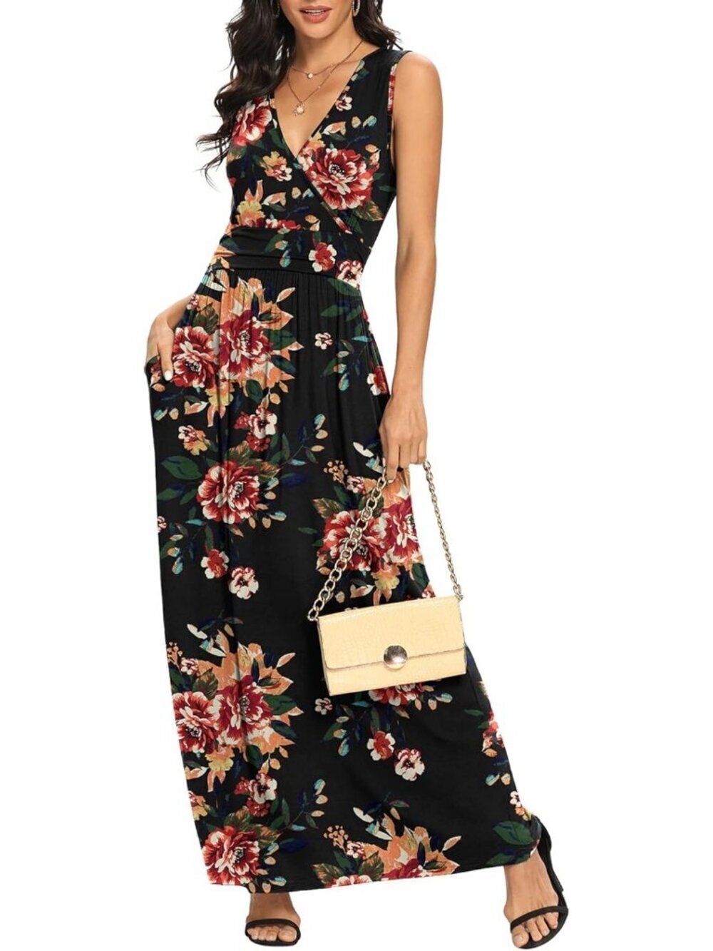 Lilbetter Women's Brown Floral Black Sleeveless Loose Plain Long Casual Dress